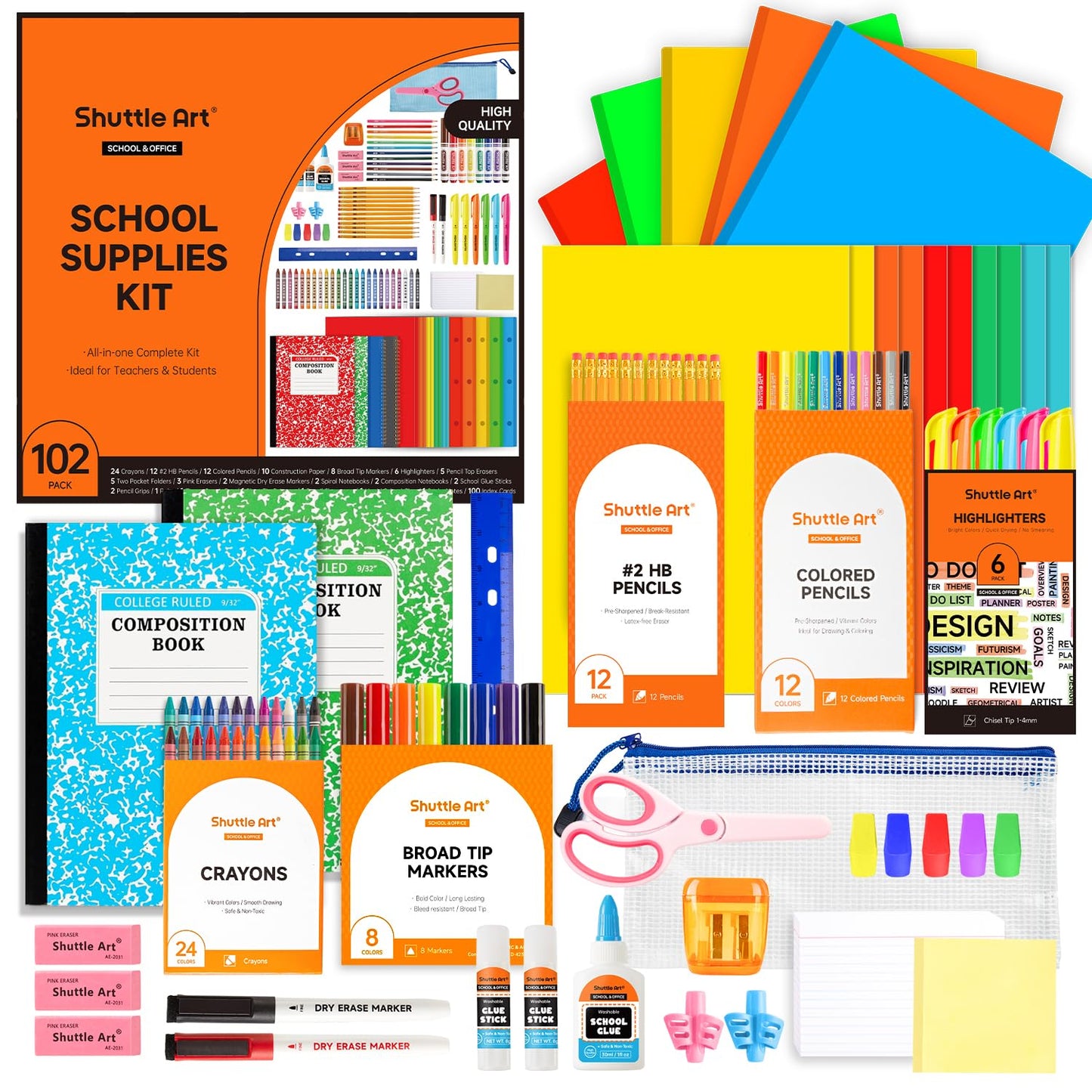 Shuttle Art 102 PCS Back to School Supplies Kit, School Supply Box for Grades K-5, School Supplies for Kids and Students, Including Pencils, Pens, Markers, Erasers, Notebooks, Folders and More
