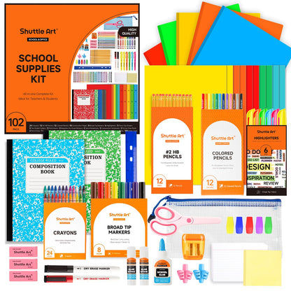 Shuttle Art 102 PCS Back to School Supplies Kit, School Supply Box for Grades K-5, School Supplies for Kids and Students, Including Pencils, Pens, Markers, Erasers, Notebooks, Folders and More