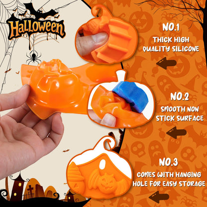 Qibiyuu Halloween Skull Cake Pan & Pumpkin Silicone Molds Set – 6 Cavity 3D Skull Baking Pan + 6 Halloween Shape Silicone Molds (Pumpkin, Ghost, Bat) for Cakes, Chocolate, Candy, DIY Party Baking
