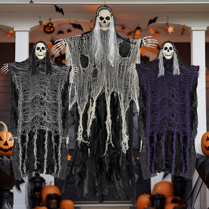 QPMR Halloween Decorations Outdoor/Indoor,Set of 3 Scary Hanging Ghosts,Halloween Grim Reaper Skeleton, Scary Party Decorations,Haunted House Decor for Yard/Lawn/Garden.