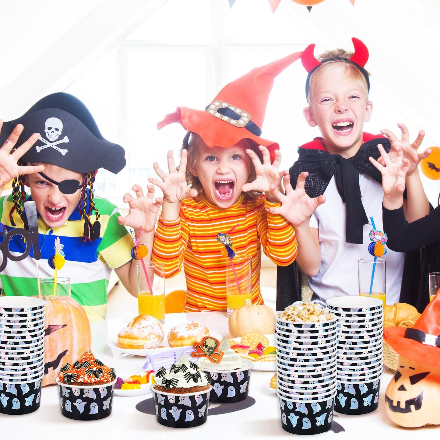 JarThenaAMCS 50Pcs Halloween Snack Cups Iridescent Ghost Candy Paper Treat Cups 8oz Cute Spooky Boo Disposable Dessert Soup Bowl for Hot or Cold Foods Halloween Fall Party Supplies