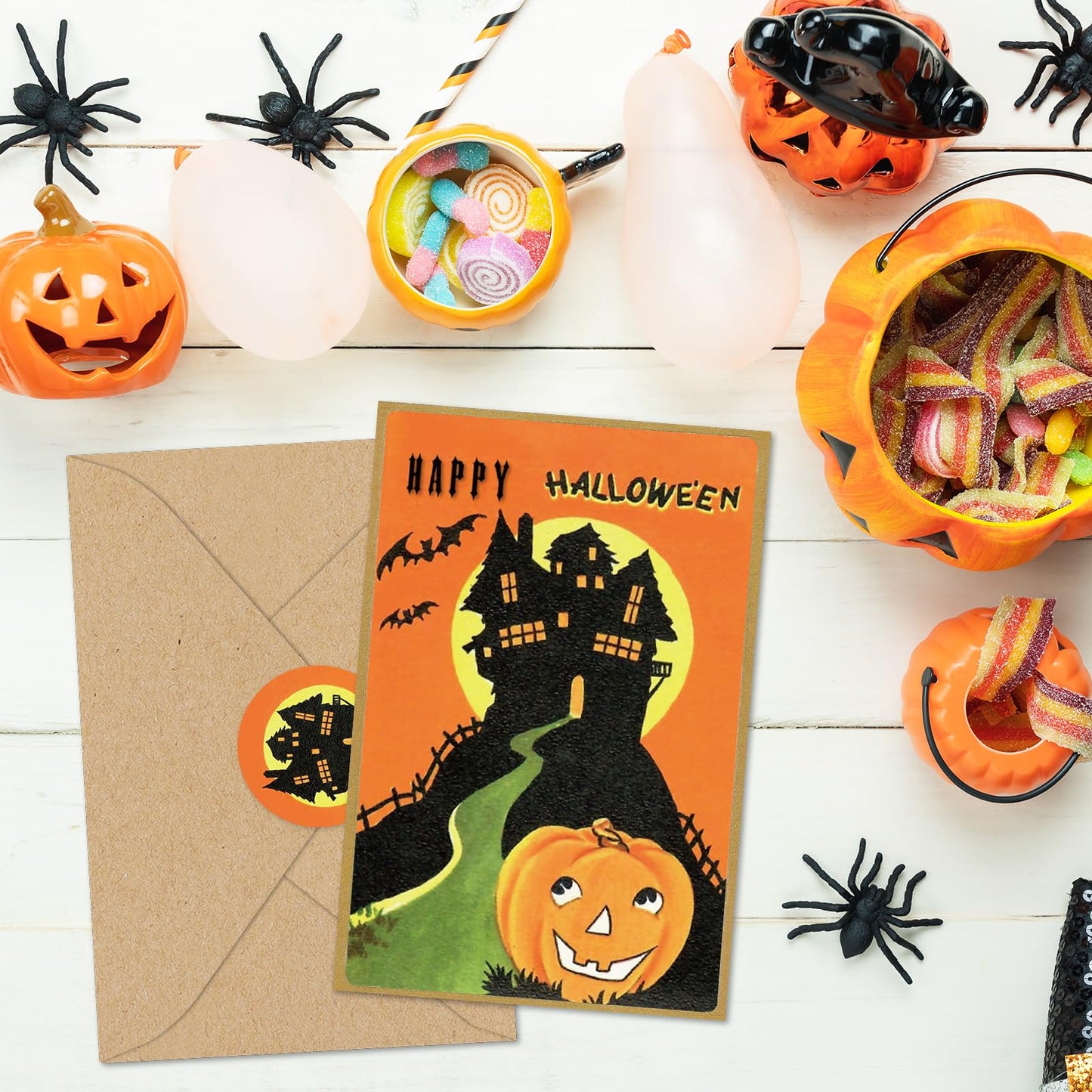Whaline 50 Pack Halloween Greeting Cards with Sticker Envelope Vintage Evil Pumpkin Witch Blank Note Cards for Party Invitations, 4 x 6 Inch