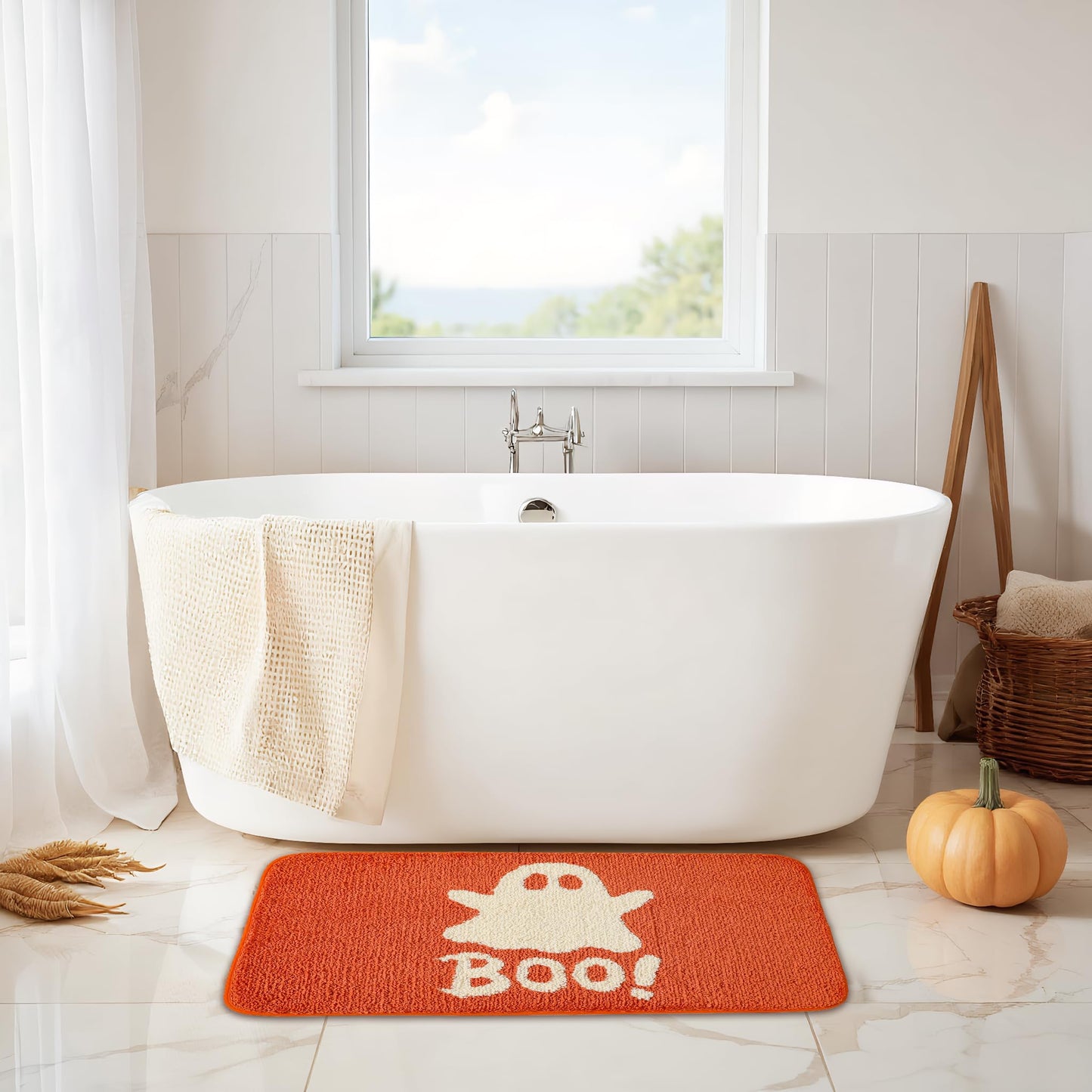 HONCO DIRECT 20x32 inch Cute Halloween Orange Ghost Bath Rug Ghost Bathroom Rug Non-Slip Floor Mat for Bathroom Rug Soft Absorbent Bath Tub Mat Room Halloween Decor Ghost Bath Mat