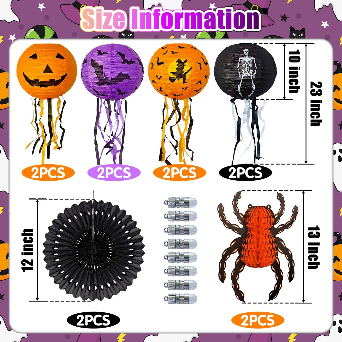 12Pcs Halloween Decorations Paper Lanterns with Led Lights, Hanging Pumpkin Bat Skeleton Lanterns Spider for Indoor & Outdoor Spooky Home Decor Halloween Party Supplies Props 10" 12"