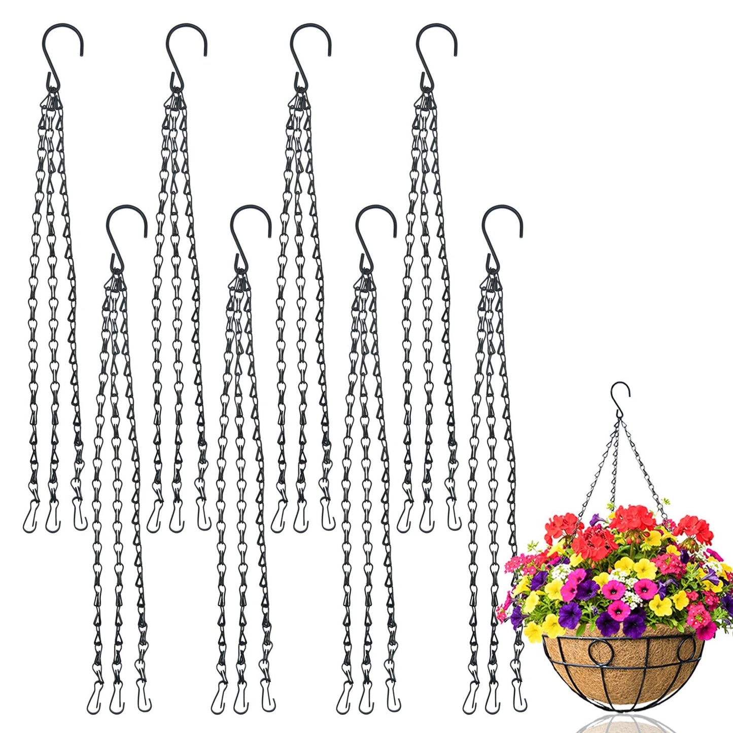 XXFBJNMD 8 Pcs Hanging Chain 17.7 Inches Black Hanging Plant Chain and Hooks 3-Point Basket Replacement Chain for Planters, Bird Feeders, Lantern, Lamp