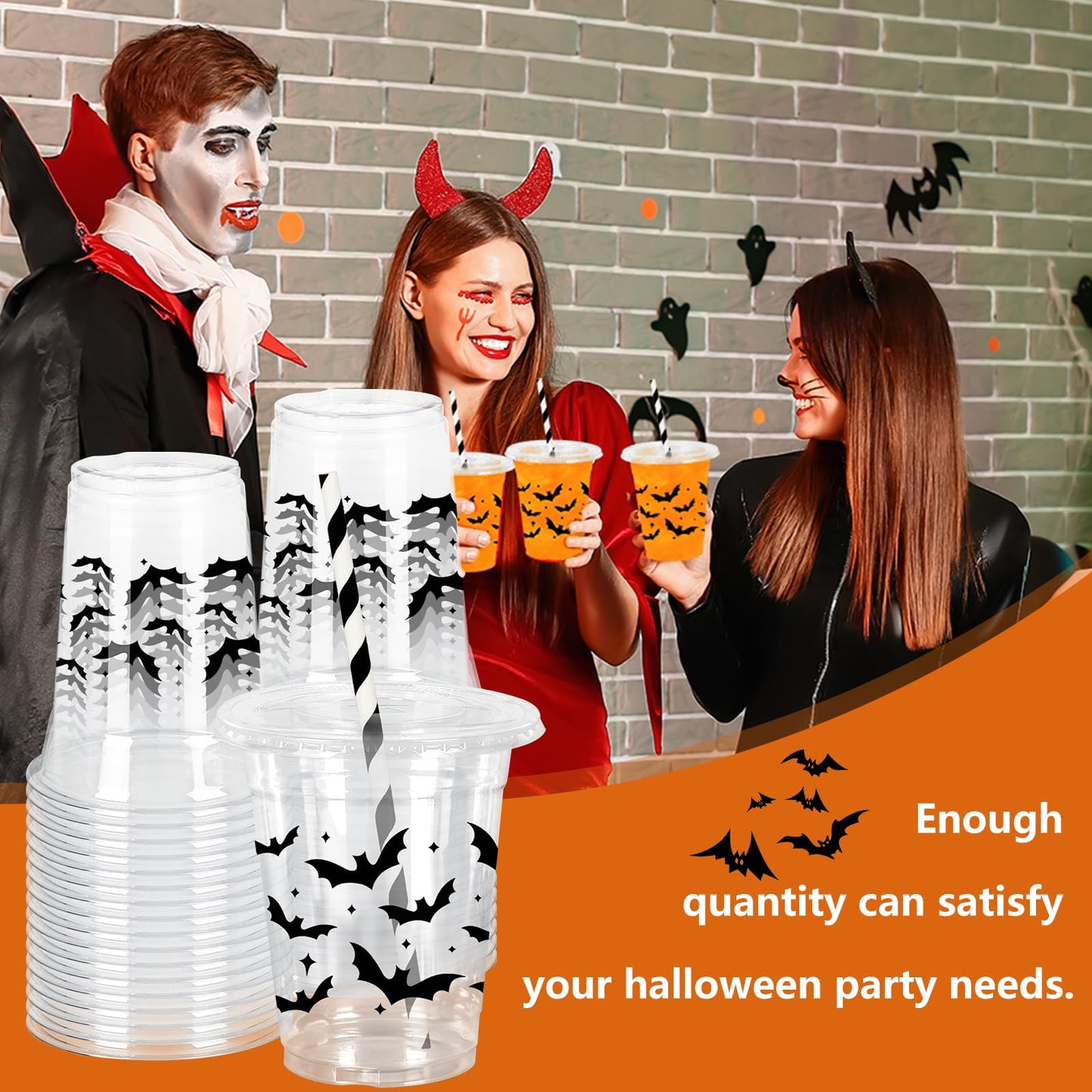 Whaline 50Pcs 12Oz Halloween Plastic Cups with Lids & Straws Black Bat Disposable Clear Drinking Cups for Home Party Supplies