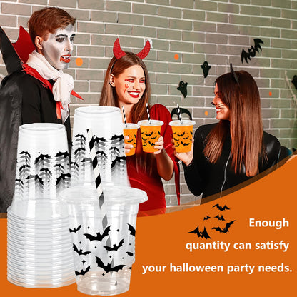 Whaline 50Pcs 12Oz Halloween Plastic Cups with Lids & Straws Black Bat Disposable Clear Drinking Cups for Home Party Supplies