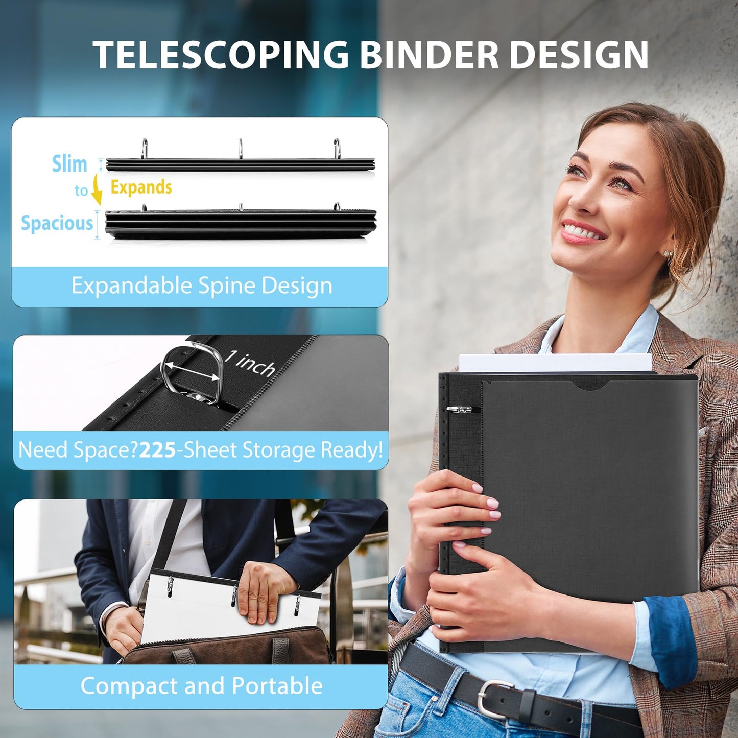 WOT I 1 Inch Telescoping 3 Ring Binder 4 Pack, Expandable Flexible Binder with Customizable Front Cover & Clear Catalog Pocket, Holds 225 Sheets, School Office Supplies, Black