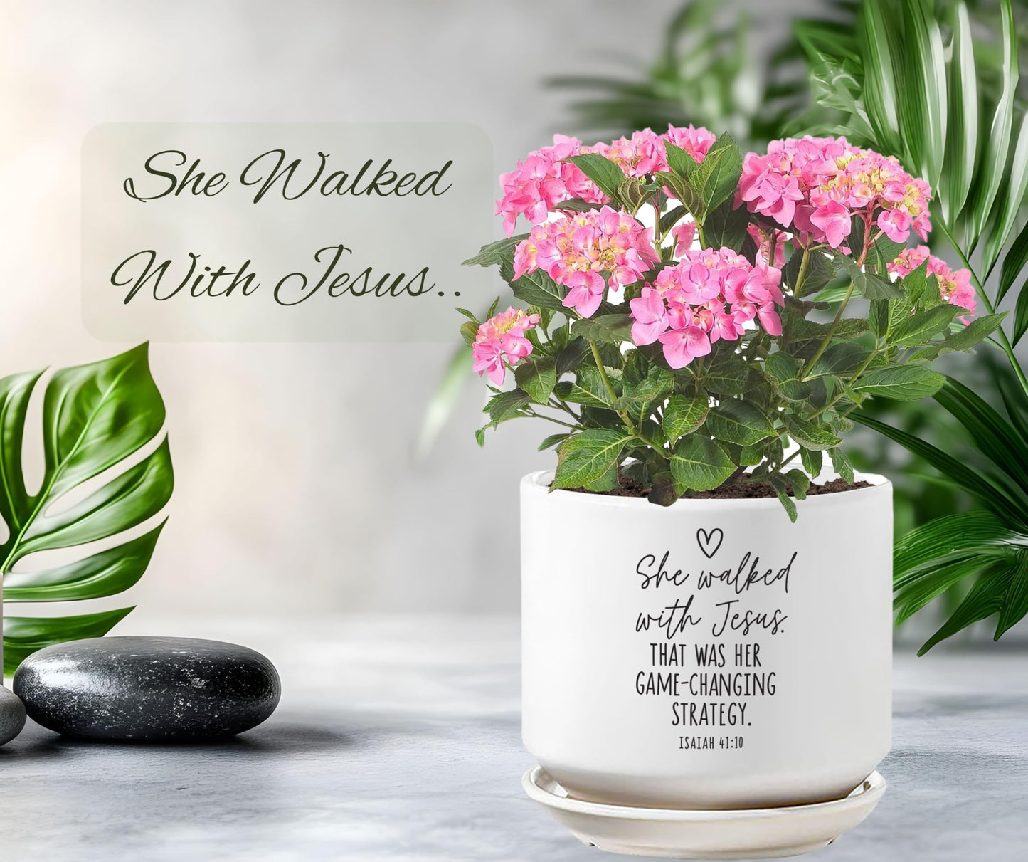 Lighthouse Christian Products She Walked with Jesus - 5 x 5.5 White and Black Ceramic Standing Planter - Faith Home Accent - Christian Gift for Plant Lovers