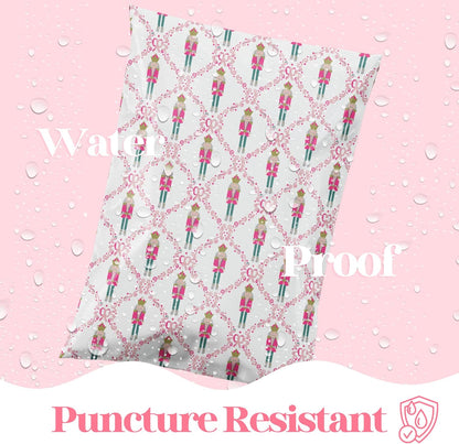 10x13 Designer Poly Mailer 100 Pack Heavy Duty Waterproof Self Seal Shipping Bags for Small Business Large Mailing Envelopes Bulk Tear Resistant Packaging Pink Nutcracker Christmas Holiday