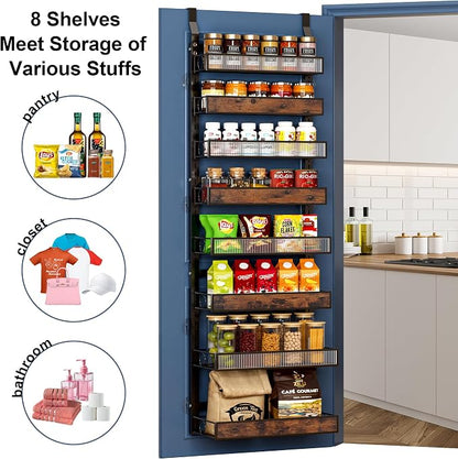 8 Tier Pantry Door Organizer Spice Rack, 2-IN-1 Wall Mount or Hanging Over Door Seasoning Organizer with Adjustable Baskets, Heavy Duty Behind Door Storage Shelves for Pantry, Cabinet and Kitchen