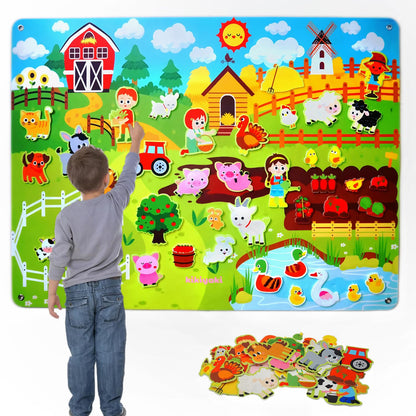 Kikiyaki Felt Board for Toddlers Play Farm Animals Story Sets, Large Wall Activity Busy Board for Kids, Montessori Toys, Barnyard Theme Interactive Sensory Toys, Preschool Learning Play Kit, Classroom