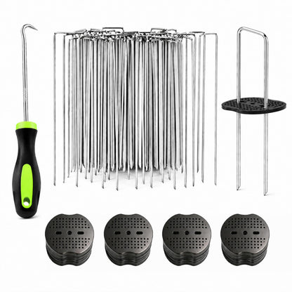 Garden Stakes,6 Inch 11 Gauge 50pcs Galvanized Landscape Staples + 50pcs Gaskets + 1Pick Hook, U-Shaped Heavy Duty Ground Stakes for Weed Barrier Fabric, Turf, Sod, Ground Cover