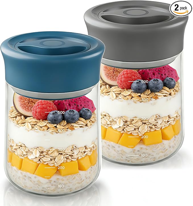 LAKUMIQI Overnight Oats Containers with Lids, 2 Pack 17oz Glass Jars with Airtight Lids, Wide Mouth Mason Jars, Food Coffee Bean Storage Containers for Yogurt, Chia Pudding, Snack, Salad(Blue+Grey)