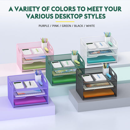 Samstar 3 Tier Green Letter Tray Paper Organizer with Handle, Mesh Desk Organizer Paper Sorter File Rack Shelves, Green