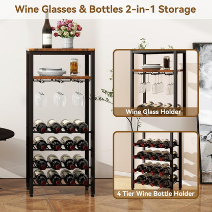 IBUYKE Wine Racks Freestanding Floor,Liquor Bottle Holder,16 Bottles Wine Cabinet with Glass Holder,Wine Holder Display,Mini Wine Bar Table for Living Room,Kitchen Pantry,Dining Room,Brown UTMJ907H