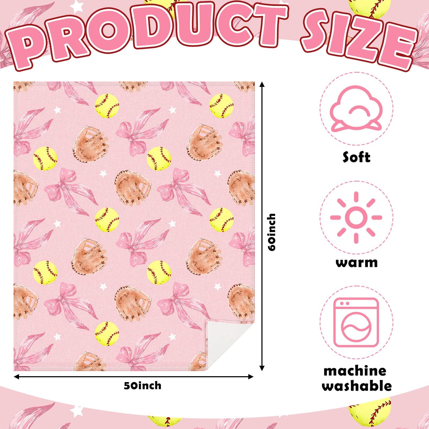 Hillsuren Pink Softball Coquette Bow Blanket 50 x 60 Softball Sports Throw Blanket Bow Stuff Team Gifts for Ball Lovers Players Home Decor Halloween Christmas Thanksgiving Gift