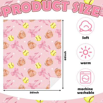 Hillsuren Pink Softball Coquette Bow Blanket 50 x 60 Softball Sports Throw Blanket Bow Stuff Team Gifts for Ball Lovers Players Home Decor Halloween Christmas Thanksgiving Gift