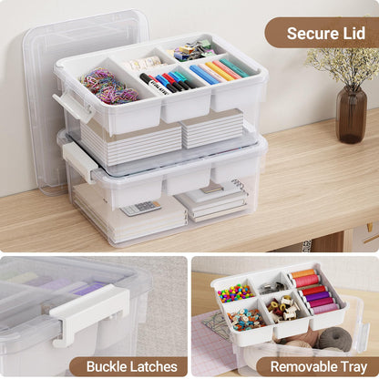 HOMETUK 20Qt Stackable Storage Bin with Lid & Tray, Clear Plastic Latching Box Organizer with Divider Portable 5Gal Container for Arts & Crafts, Home and Car Trunk Organization, 1Pack