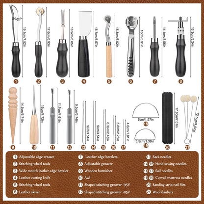 Leather Working Tools, Leather Craft Tools Kit with Awl Stitching Punch Hole Sewing Needles for Leathercraft Beginner Carving Stamping Repair Projects