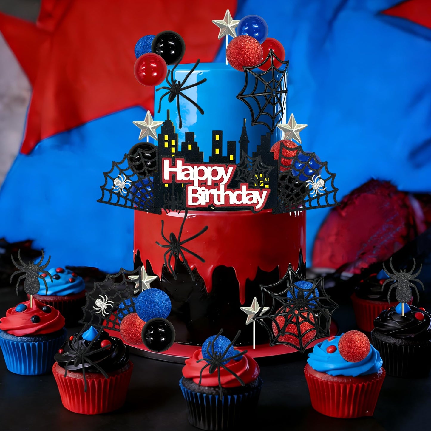 Tyotrbs Spider Cake Topper Spider Web Cake Decoration Spiders Theme Cake Decor Happy Birthday Toppers Stars Red Blue Balls Cupcake Topper for Hero Party Supplies