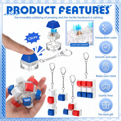 Halloscume 5 Pcs 4th of July Keyboard Fidget Clicker Keychain in 5 Styles Red White Blue Cube Mechanical Key Button Clicker Stress Relief Gift for Memorial Day 250th Anniversary Office Home