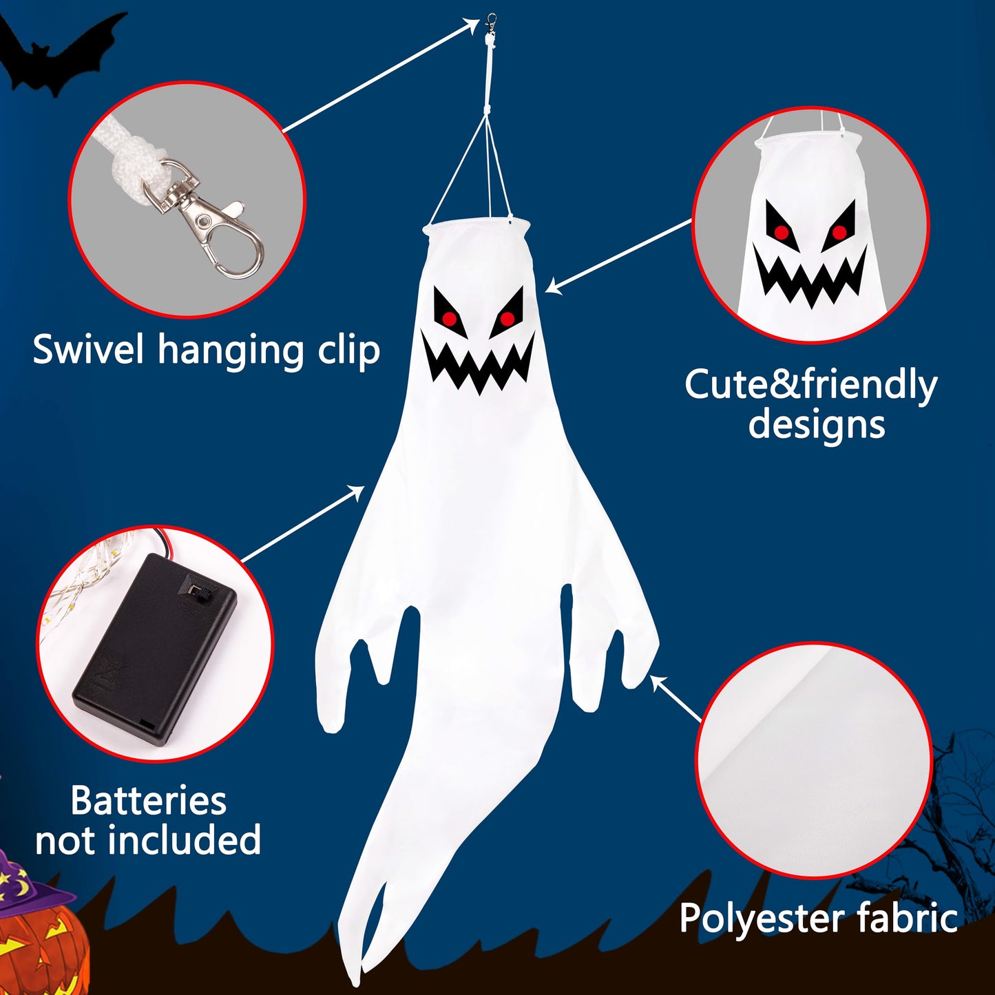 Geefuun 2PCS Halloween Fierce Ghost Windsocks Hanging Decorations - 43 Inch Flag Wind Socks for Home Yard Outdoor Decor Party Supplies
