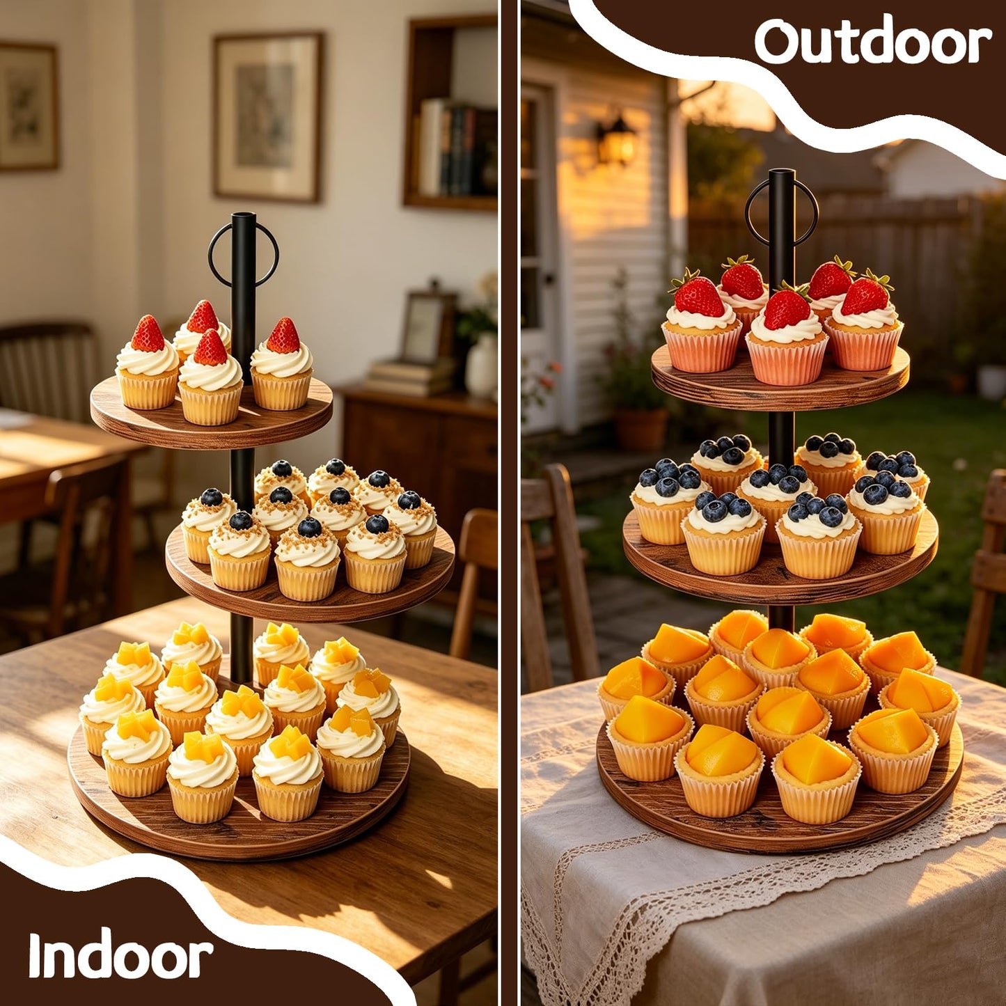 LZelriy Cupcake Stand, 2 Pack Rustic Wood Cake Stand, 3 Tier Cupcake Tower Round Tiered Tray Stand for Dessert Table Display, Industrial Wooden Serving Stand Wedding, Graduation and Baby Shower