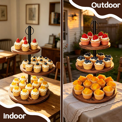 LZelriy Cupcake Stand, 2 Pack Rustic Wood Cake Stand, 3 Tier Cupcake Tower Round Tiered Tray Stand for Dessert Table Display, Industrial Wooden Serving Stand Wedding, Graduation and Baby Shower