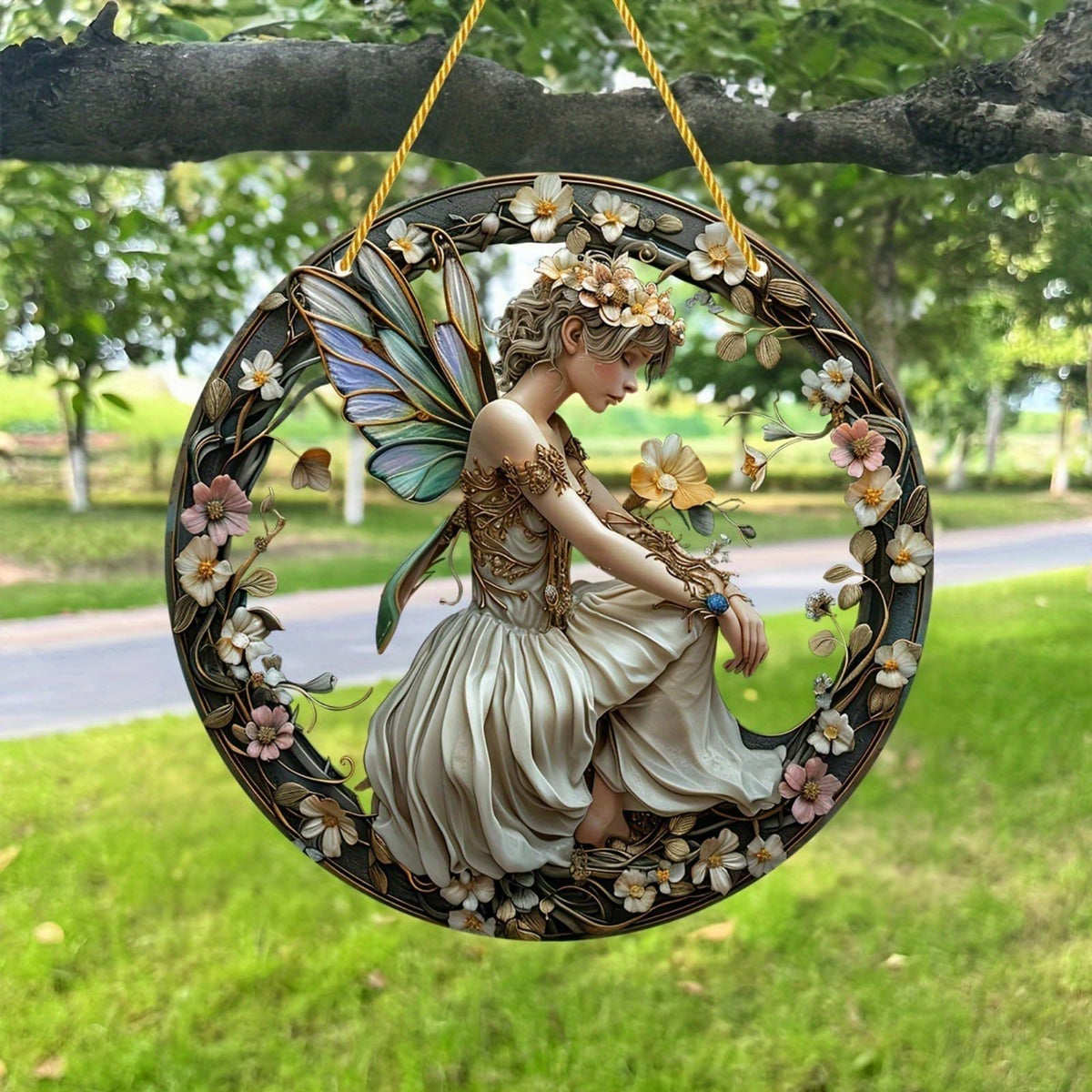 VTYFRY Flower Fairy Garden Decorations Angel Wing Christmas Halloween Deco Statue Art Elf Sculpture Hanging Craft for Outdoor Yard Courtyard Lawn Patio Window Acrylic Ornament Home Gift (B,S: 6*6 IN)