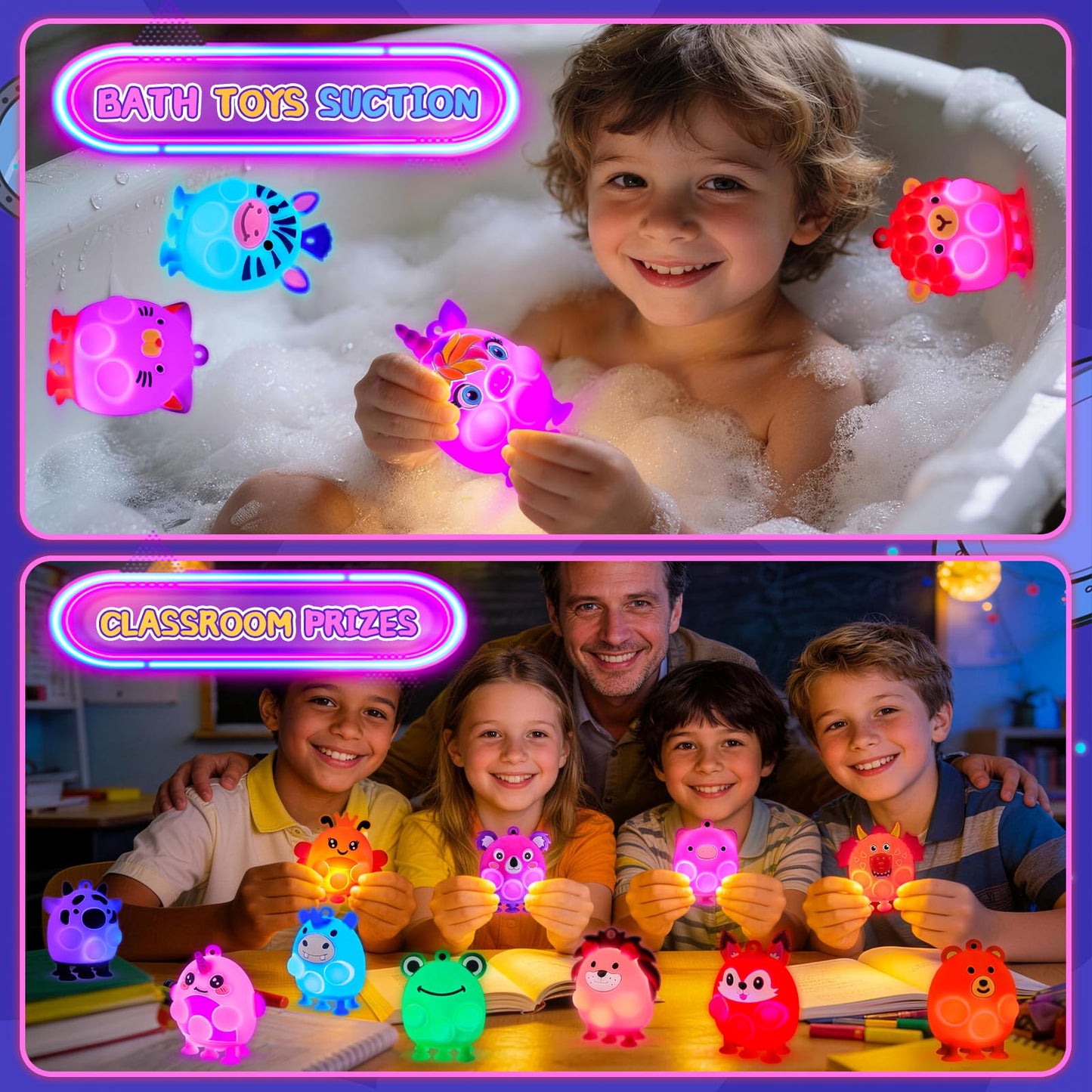 ChildFun Party Favors for Kids, 24 PCS Light UP 3D Animal Suction Pop Fidget Toys, Glow in The Dark Party Supplies, Goodie Bags Stuffers for Kids, Pinata Stuffers, Suction Toys for Toddler