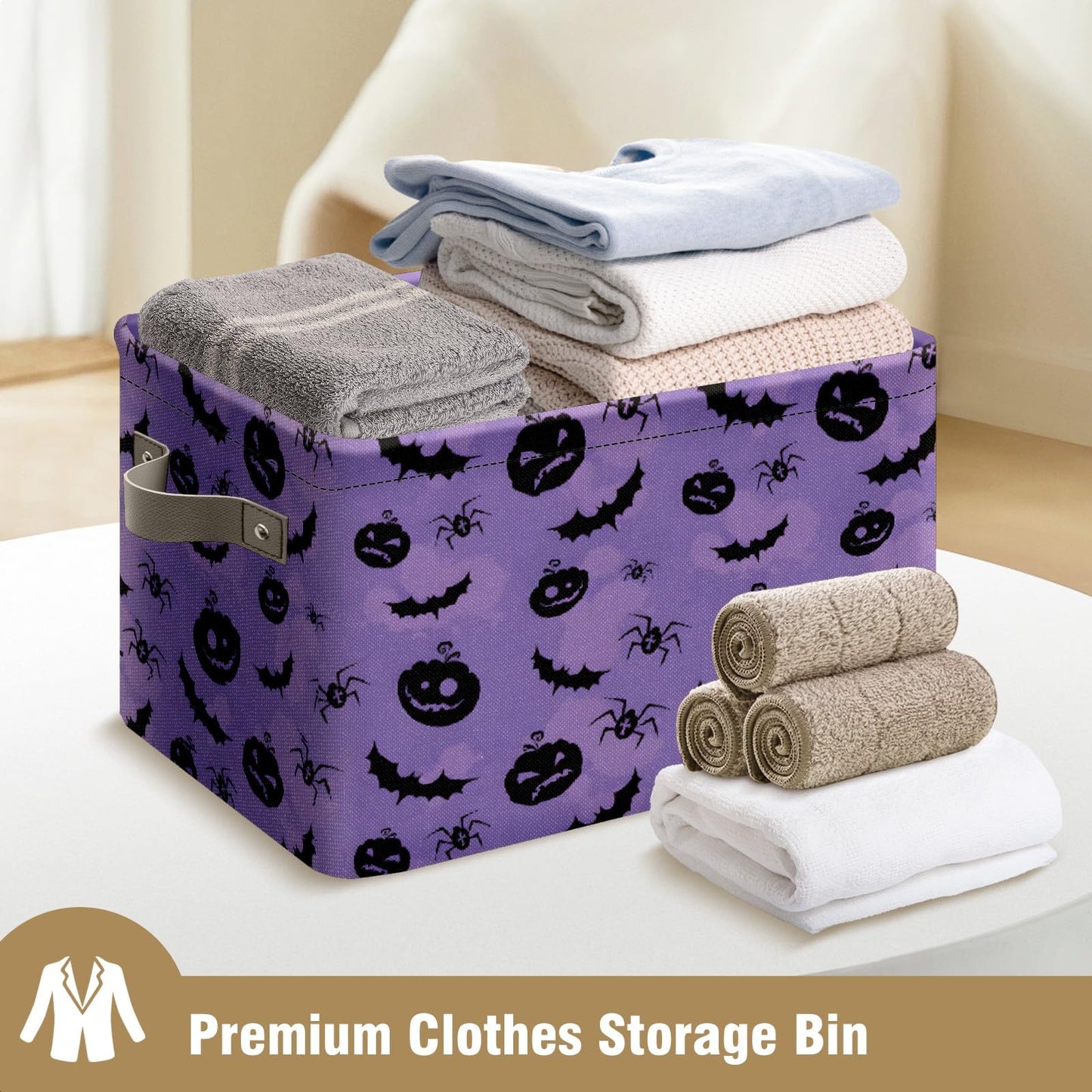 Andemie Halloween Bin Purple Pumpkin Bats Basket Large Foldable Storage Bin Cube Collapsible Organizer Trick or Treat Bags Candy Buckets for Halloween Parties