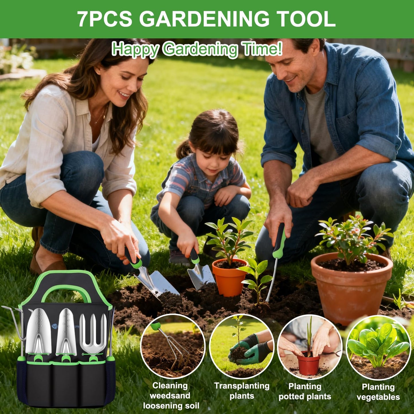 Yesker Gardening Tools 7-Piece Heavy Duty Garden Tool Set Gardening Supplies Gifts for Women Men Gardening Hand Tool Kit with Non-Slip Ergonomic Handle, Durable Garden Bag, Pruning Shears, Black Green