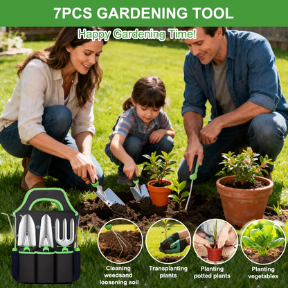 Yesker Gardening Tools 7-Piece Heavy Duty Garden Tool Set Gardening Supplies Gifts for Women Men Gardening Hand Tool Kit with Non-Slip Ergonomic Handle, Durable Garden Bag, Pruning Shears, Black Green