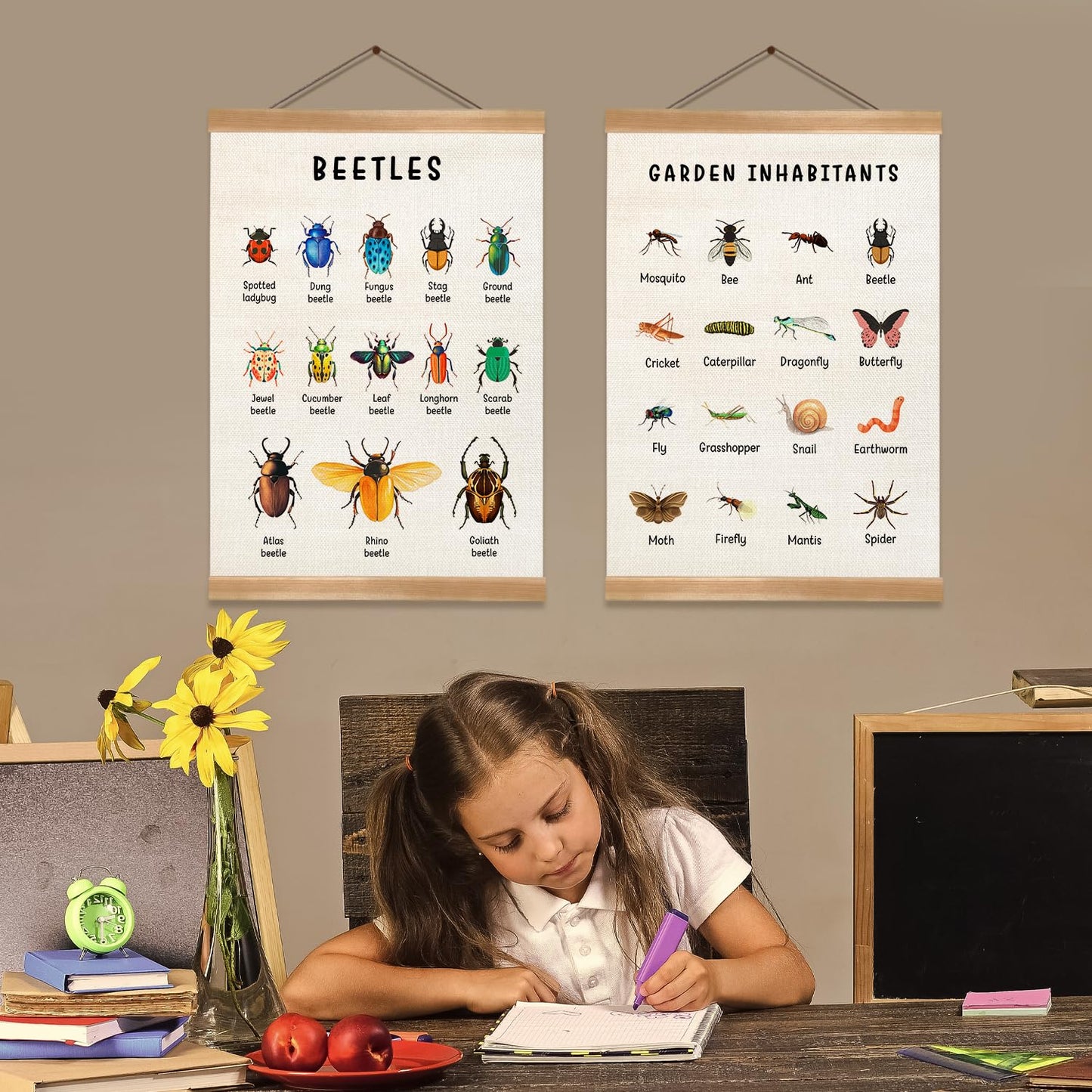 ZTGDA Insect Posters Garden Inhabitants&Beetles Linen Canvas Wall Art with Wooden Frame, Montessori Nature Posters for Classroom Playroom or Homeschool Decor(Set of 2 Insect)