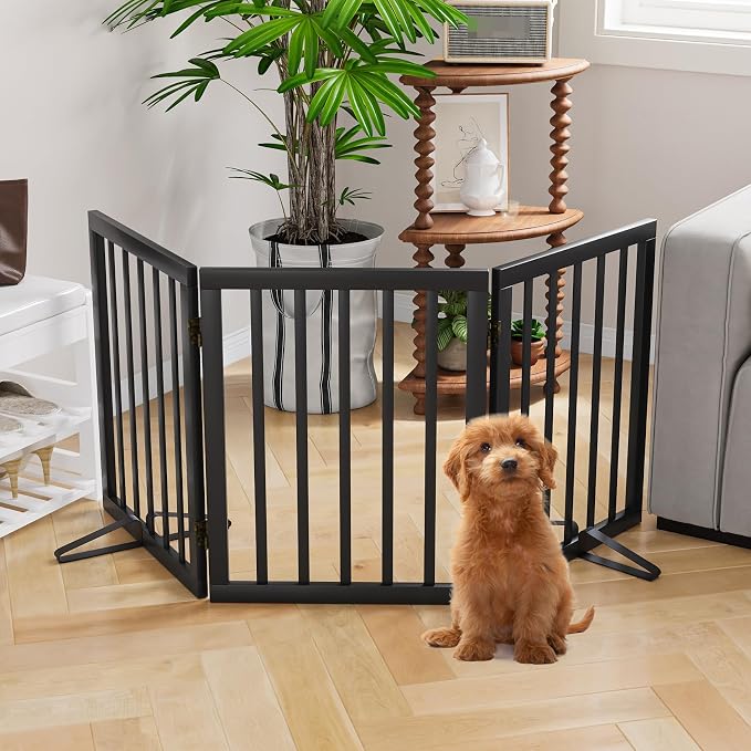 Semiocthome Bamboo Dog Gates Indoor 3-Panel Freestanding Puppy Gates for The House with 2 Metal Stands 24" H Folding Wood Pet Gate for Stairs Doorway Expands Up to 55" Fully Assembled Espresso