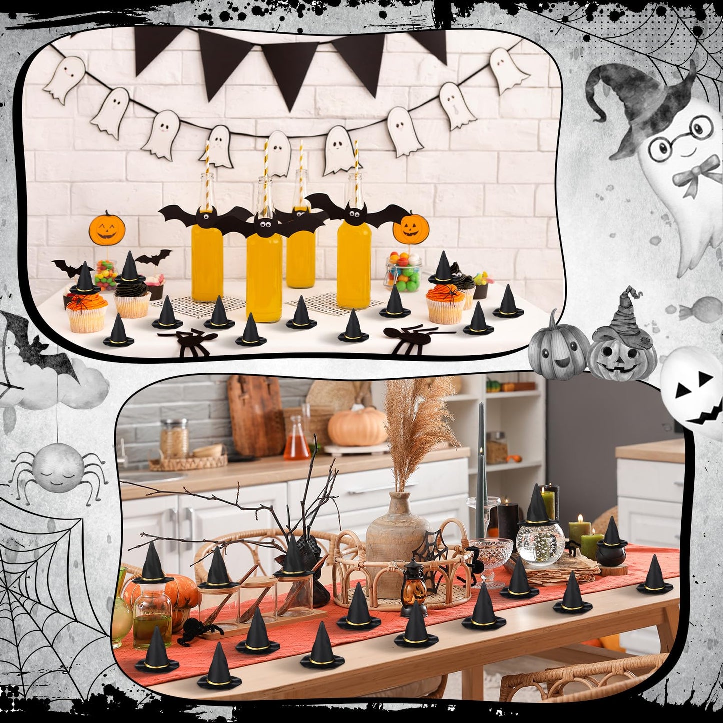 Seenelling 24 Pcs Mini Witch Hats for Crafts Small Halloween Plastic Tiny Witch Hats Bulk for Halloween DIY Wizard Party (Black,3 Inch)