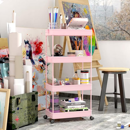 SPACELEAD 4 Tier Rolling Cart with Wheels, Storage Craft Art Trolley Organizer Serving, 3 Hanging Baskets Easy Assembly, for Office, Living Room, Kitchen
