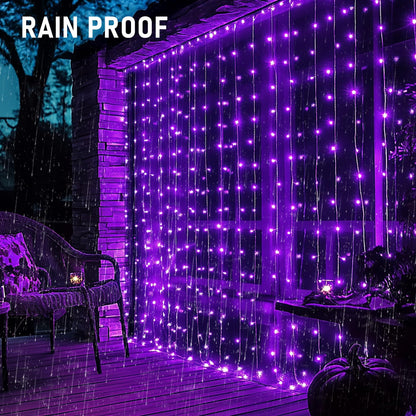 Dazzle Bright 300 LED Christmas Curtain String Lights, Halloween Fairy Lights for Bedroom with 8 Lighting Modes, Waterproof Window Light Party Wedding Garden Wall Decor, Purple