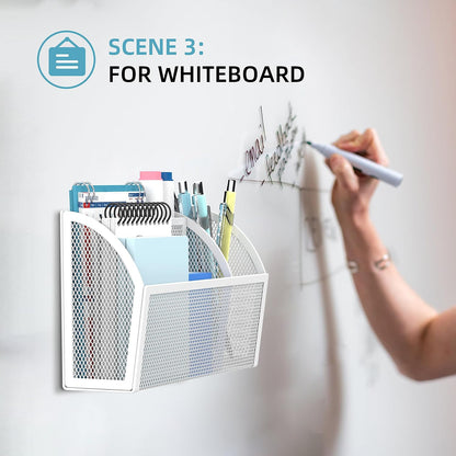 DALTACK Magnetic Pencil Holder Magnetic Shelf for the Whiteboard 3-Grid Mesh Magnetic Pen Holder for Refrigerator Magnetic Organizer Locker Accessories Organizer for Home, School and Office, White