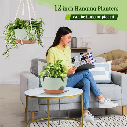 Lucieblessdesign Hanging Planters for Outdoor Indoor Plants, 2 Pack 12 Inch Hanging Basket Plants Outdoor, Self Watering Hanging Planter with Plant Hanger for Garden Home Decoration (Green)