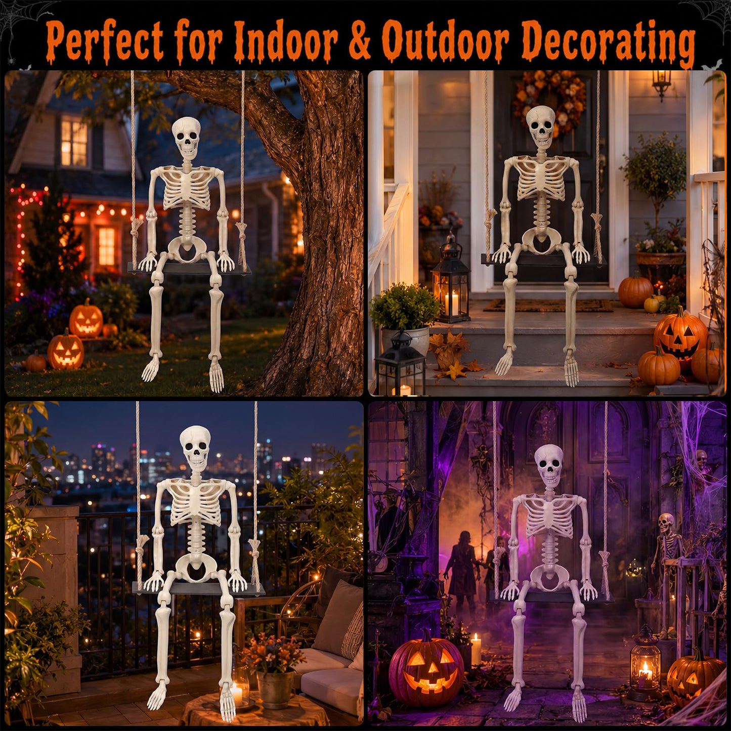Sintuff Halloween Swinging Skeleton on Swing, Outdoor Swinging Ghost Decor, 35.4" Hanging Skeleton with 13.8" Wooden Seat for Yard, Porch, Tree, Spooky Halloween Decorations