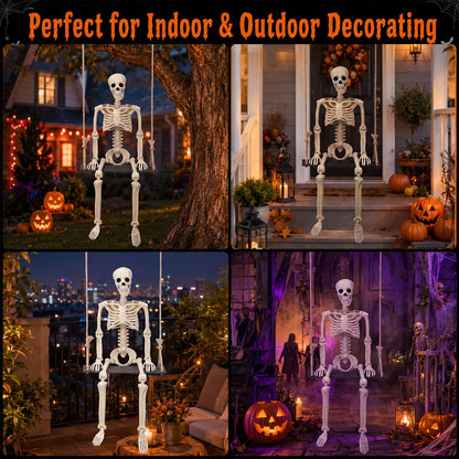 Sintuff Halloween Swinging Skeleton on Swing, Outdoor Swinging Ghost Decor, 35.4" Hanging Skeleton with 13.8" Wooden Seat for Yard, Porch, Tree, Spooky Halloween Decorations