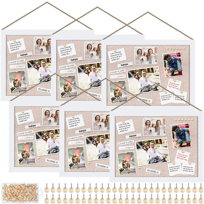 Teling 6 Pack Wood Bulletin Boards with Linen 12''x 16'' Cork Board for Walls with 60 Pushpin Decorative Wood Framed Display for Classroom School Office Bedroom (White)