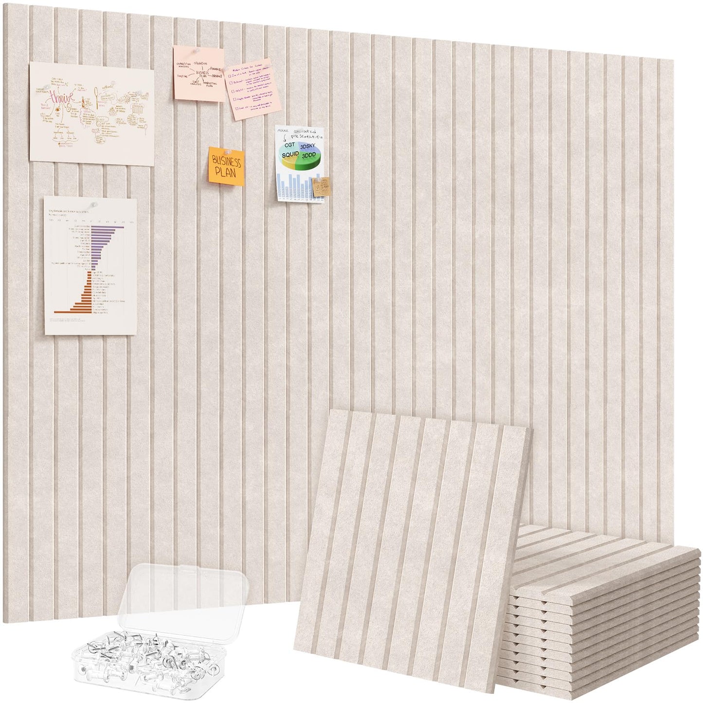 Lifewit Felt Slatted Bulletin Board, 12 Pack Self-Adhesive Panel, 48"x 36" Total Size, Cork Board Alternative, Pin Message Board with 30 Pushpins for Room and Office Decor, Home, Dorm, Oatmeal