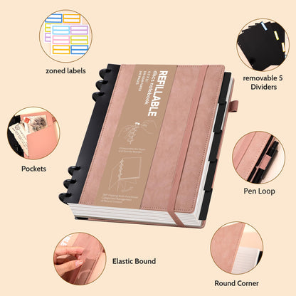 Yoment Refillable Notebooks for Work 5 Subject with Removable Dividers Tabs 240 Pages Hardcover Leather Journals for Writing Large Discbound Planner Colleged Ruled Paper for Women Men 8.58 x 11,Pink