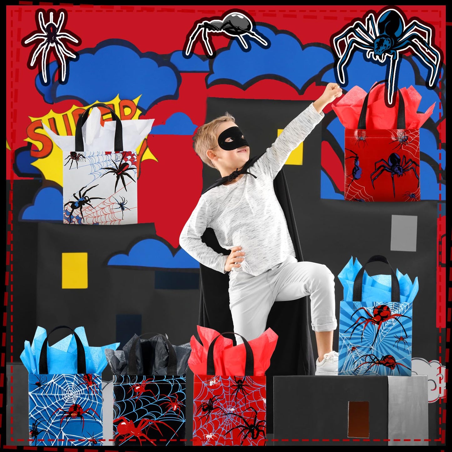GliCraft 24 Pcs Spider Gift Bags with Tissue Paper Reusable Spider Party Favors Bags with Handle Spider Birthday Party Decorations Double Sided Spider Printed Goodie Candy Bags for Spider Party Favor