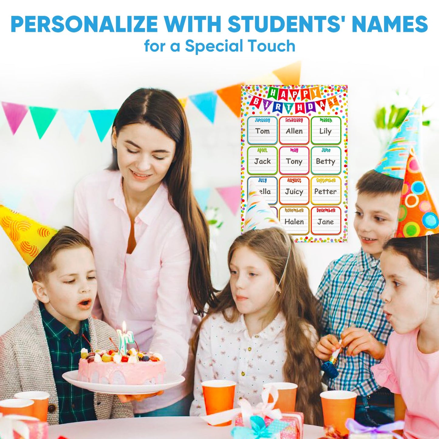 FaCraft Birthday Chart Poster for Classroom - Reusable Laminated 16.5" x 12" Happy Birthday Calendar for Bulletin Board Decoration Confetti Back to School Teacher Supplies for Elementary & Preschool