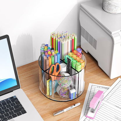 Wawocs Small Pencil Organizer for Desk Acrylic 4 Compartments, Tiny Rotating Art Supply Organizer Kids, Spinning Round Marker Small Clear Desktop Caddy Swivel Office Pen Pencil Holder