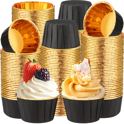 Gandeer 450 Pack Black Gold Cupcake Liners Bulk Disposable Foil Muffin Cups 3.5 oz Wrappers for Baking Aluminum Paper Mini Metallic Halloween Holiday Party Wedding Festival Supply